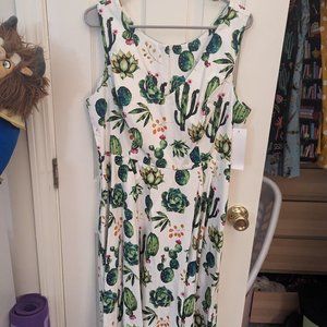 NWT Unique Vintage Retro A-Line Flare Dress with Cactus Print, Pockets, Size 1X